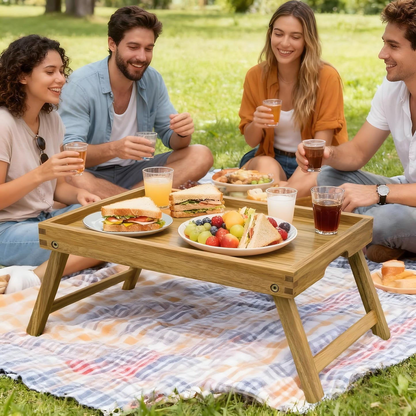 VaeFae Acacia Bed Table Tray, Wooden Breakfast Tray with Folding Legs, Bed Tray for Eating and Laptop, Eating Trays for Bedroom (Large Size)