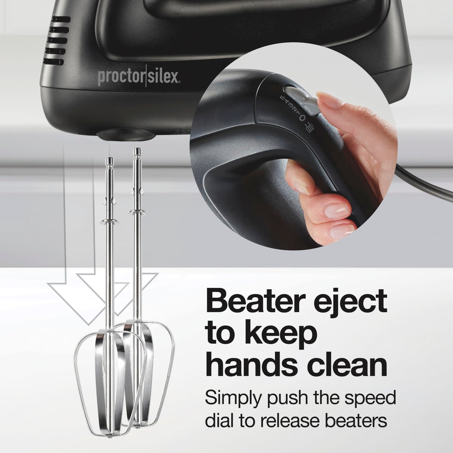 Proctor Silex Easy Mix 5-Speed Electric Hand Mixer with Bowl Rest, Compact and Lightweight, 215 Watts of Peak Power, Storage Case, Black (62512)