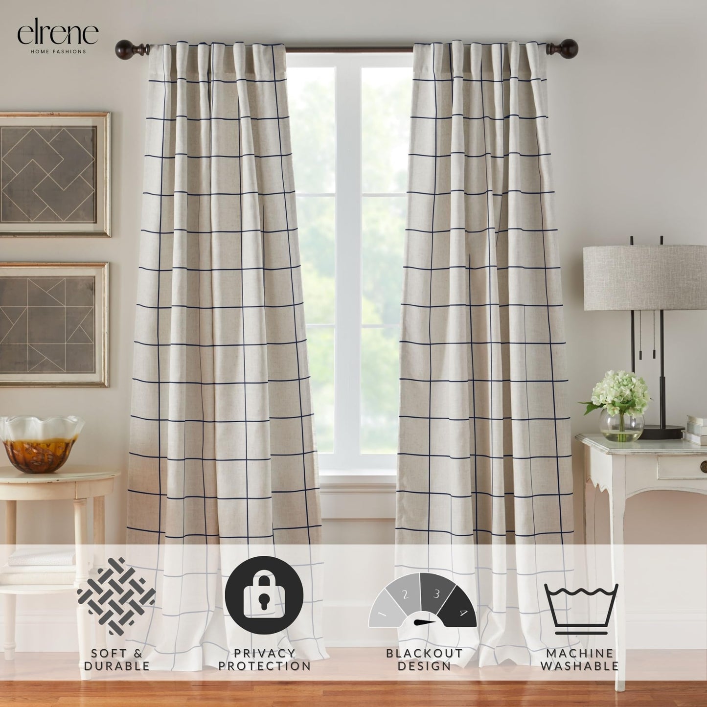 Elrene Home Fashions Brighton Windowpane Plaid Blackout Window Curtain, Living Room and Bedroom Drape with Rod Pocket Tabs, 52" x 95", Indigo, 1 Panel