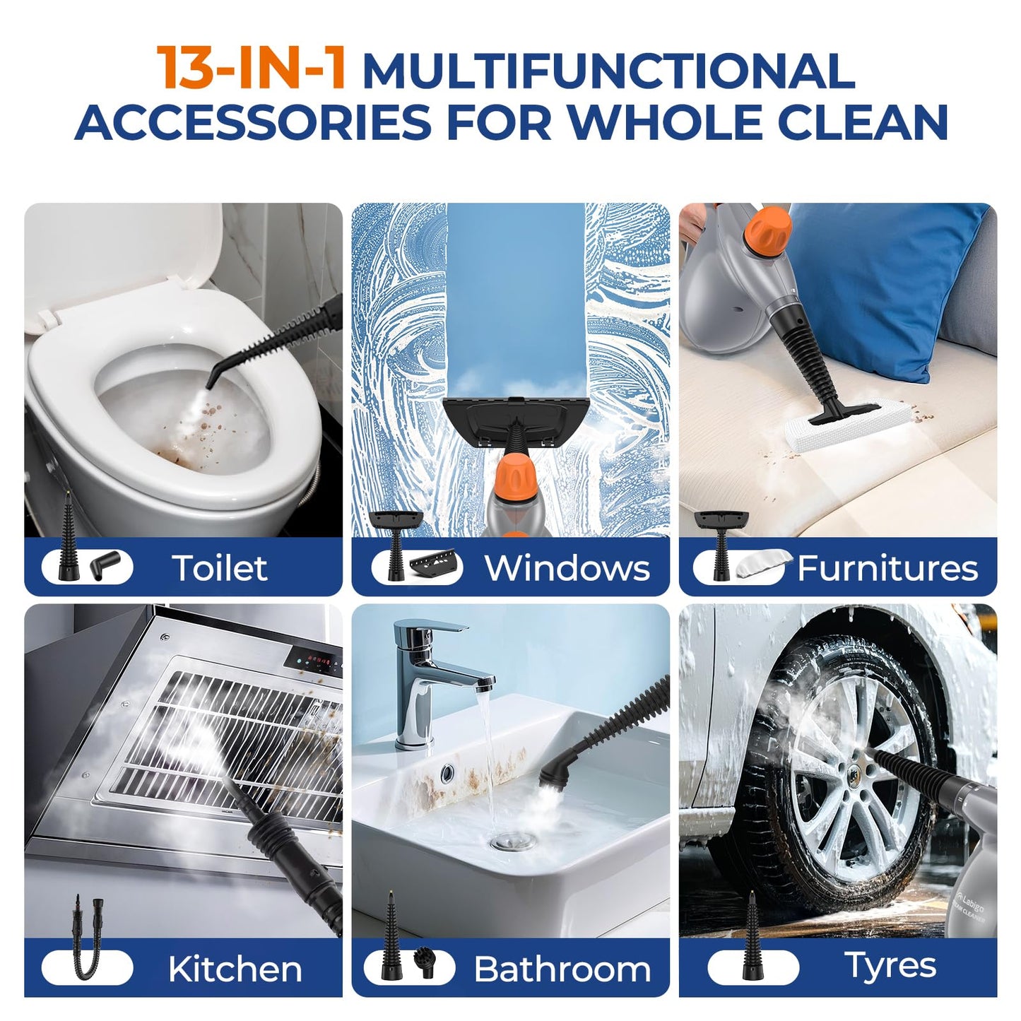 Steam Cleaner, Pressurized Handheld 13pcs Multi-Purpose Natural Deep Cleaning Steamer, Portable Steamer for Cleaning Home, Grout, Kitchen, Car, Window, Upholstery, Bathroom and Clothes, Gray
