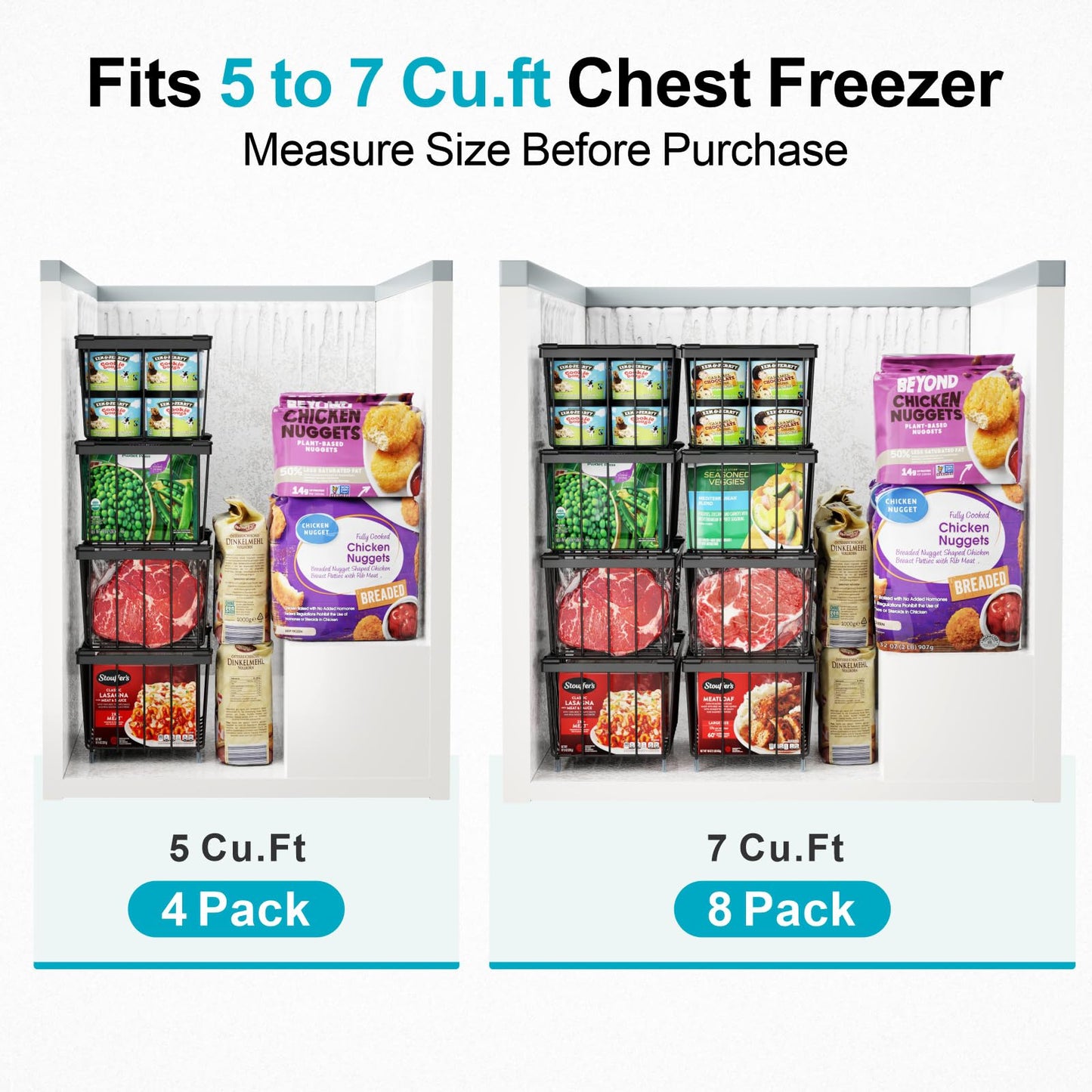 iSPECLE Deep Freezer Organizer Bins, 5 Pack Chest Freezer Baskets for 7 Cu.Ft, Stackable Wire Chest Freezer Organizer Bins for Small Food, Strong Metal with Handles for Meat and Veggies, Black