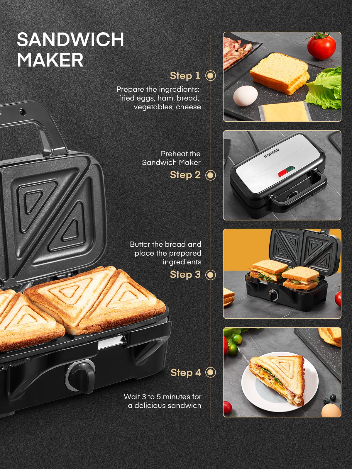 FOHERE 3-in-1 Sandwich Maker, 1200W Waffle Maker & Panini Press Grill, 3 Removable Non-stick Plates, 5-Gear Temp Control, Grilled Cheese Maker, Quick Breakfast, LED Indicators, Stainless Steel/Black