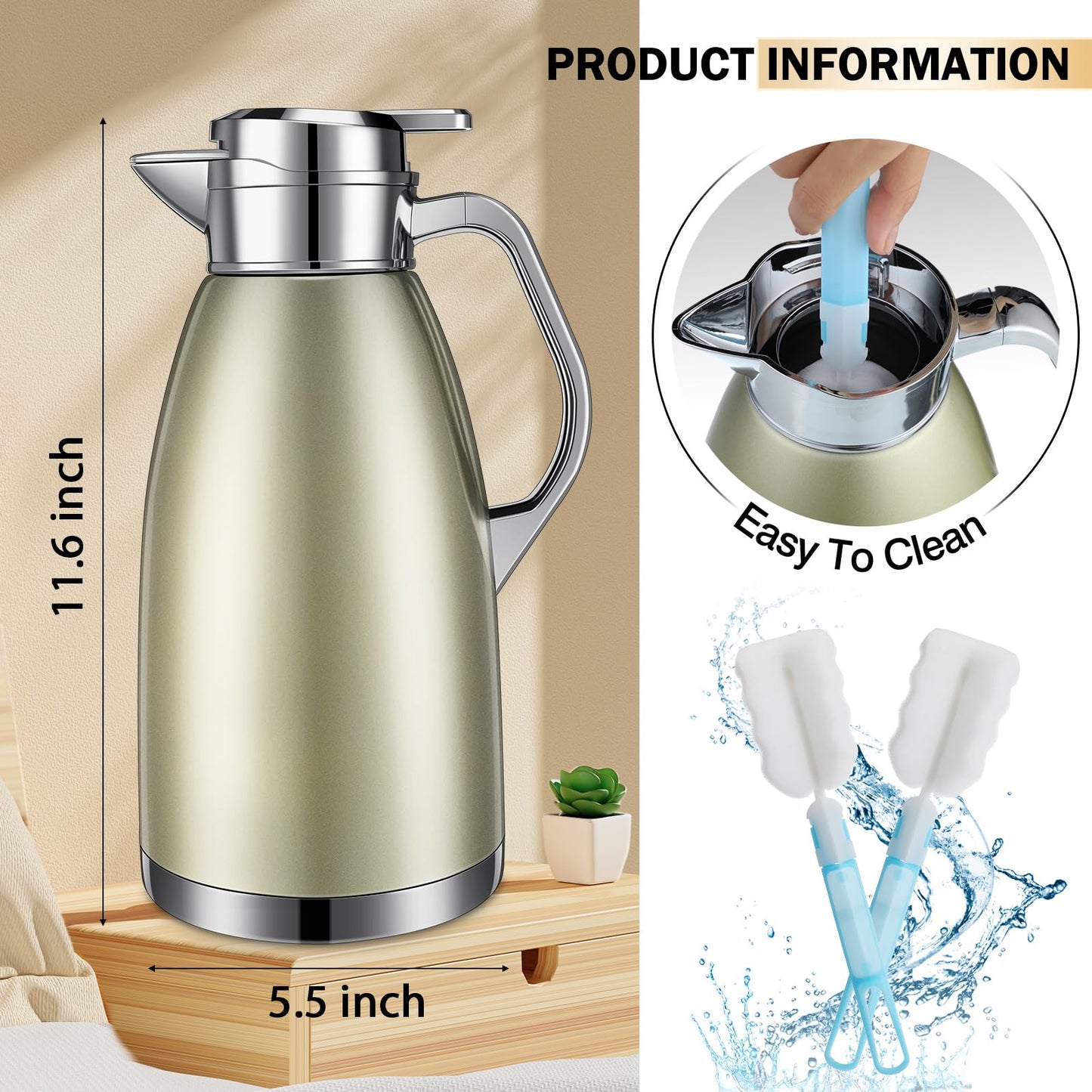 Tioncy 2 Pcs Thermal Coffee 78oz Insulated Carafe Hot Water Dispenser Stainless Steel Carafe for Liquid Coffee Tea Milk with 2 Brushes Keep 12 Hours Hot 24 Hours Cold(Gold, Silver)