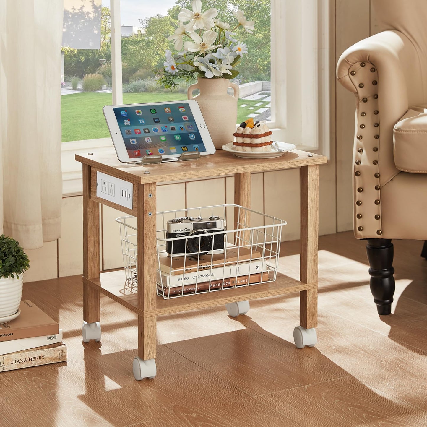 YUFAM 2 Tier Under Desk Printer Stand with Storage, Small Printer Table with Charging Station, Rolling Printer Cart Shelf with Lockable Wheels for Home, Office (Natural)