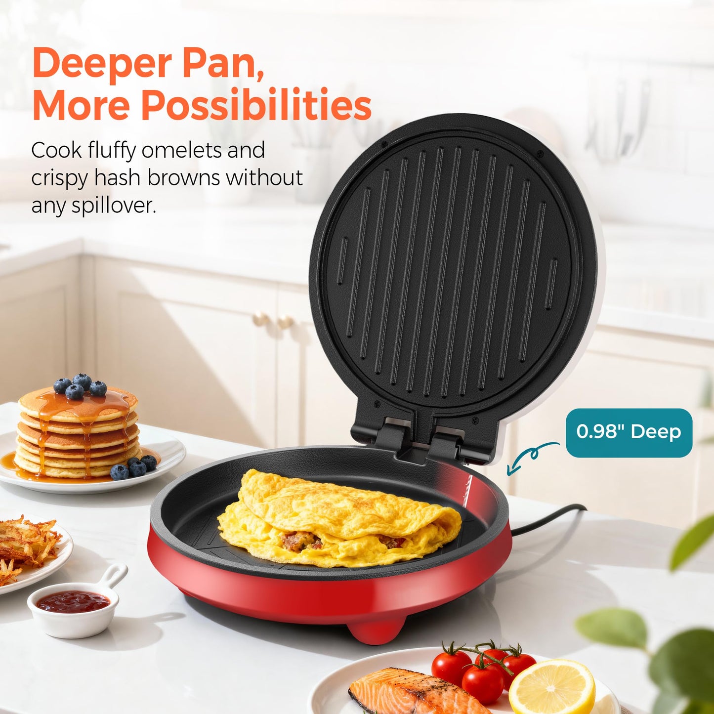 3-in-1 Electric Griddle & Sandwich Maker - CACHOO 8" Nonstick Round Griddle and Panini Press with On/Off Switch, 180° Open Design, Perfect for Pancakes, Omelettes, Quesadillas, Veggies (Red/Beige)