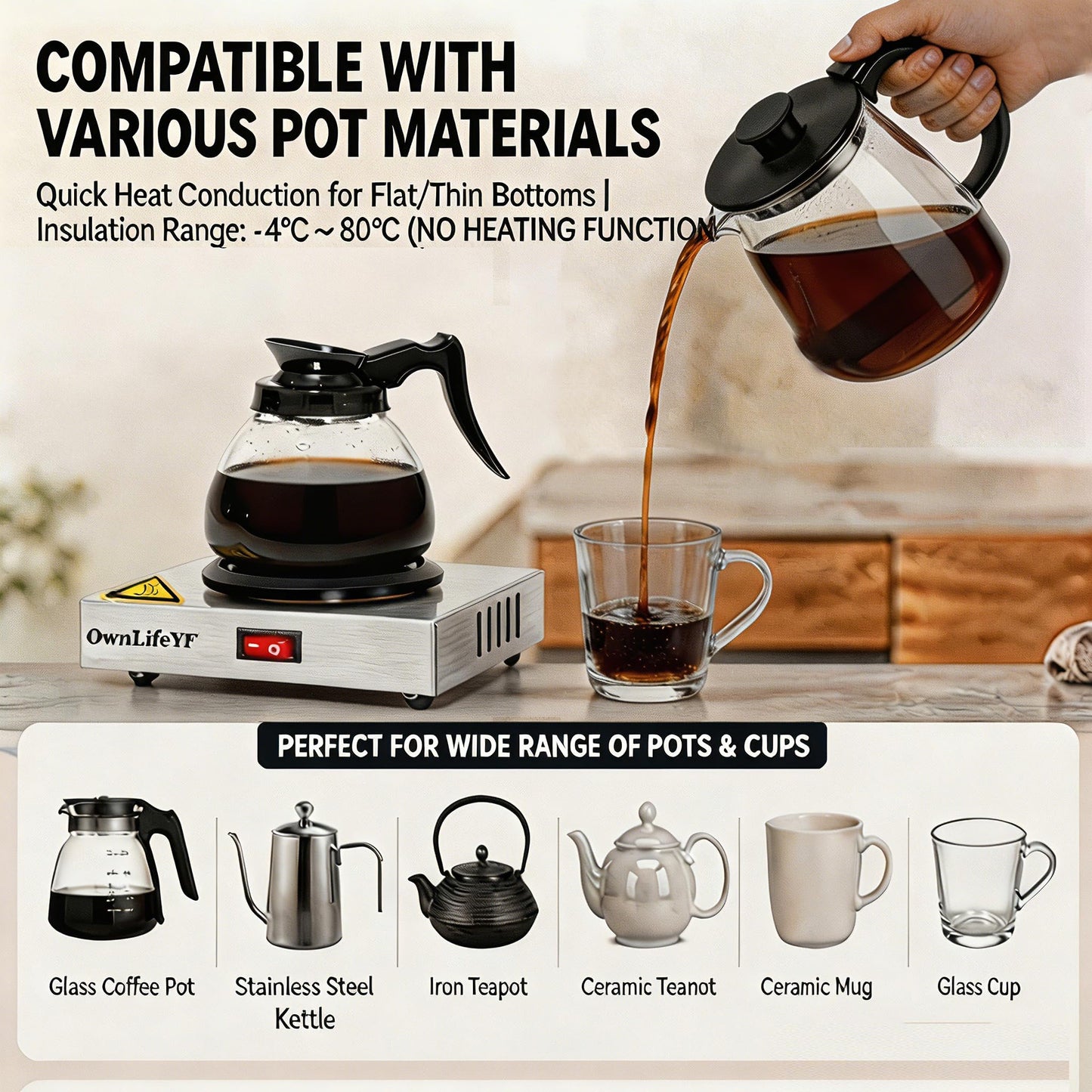 Commercial Coffee Warmer, 60W 176℉ Single Burner Decanter Warmer Plate, Stainless Steel, for Cafe, Break Room, Buffet, for Melting Beeswax, Softening Shea butte, Beverages, Milk & Tea, Ideal Gifts