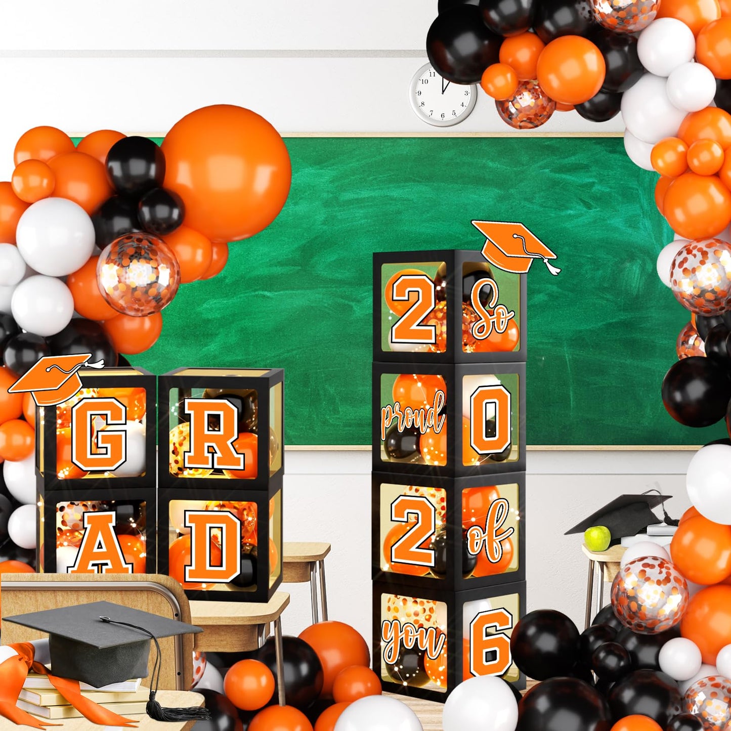 2026 Graduation Party Decorations Class of 2026 Balloon Boxes with Letters 2026 Grad & So Proud of You Congrats Grad Party Decorations 117pcs Balloons for Any Grades Class Grad Party (Black Orange)
