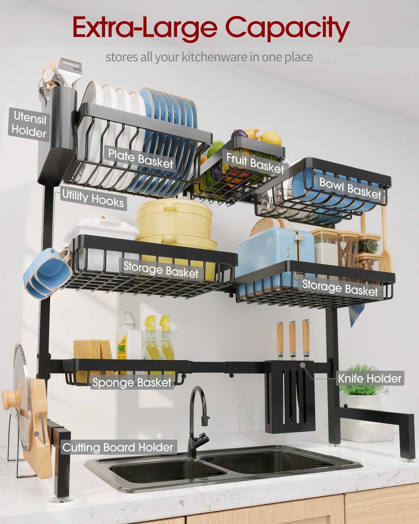 Sakugi Dish Drying Rack - Over The Sink Dish Drainer Drying Rack with Utensil & Knife Holder, Hooks, Stainless Steel Kitchen Organizers and Storage Solution, 11.8" D x 31.5"~39.0''W x 30" H, Black