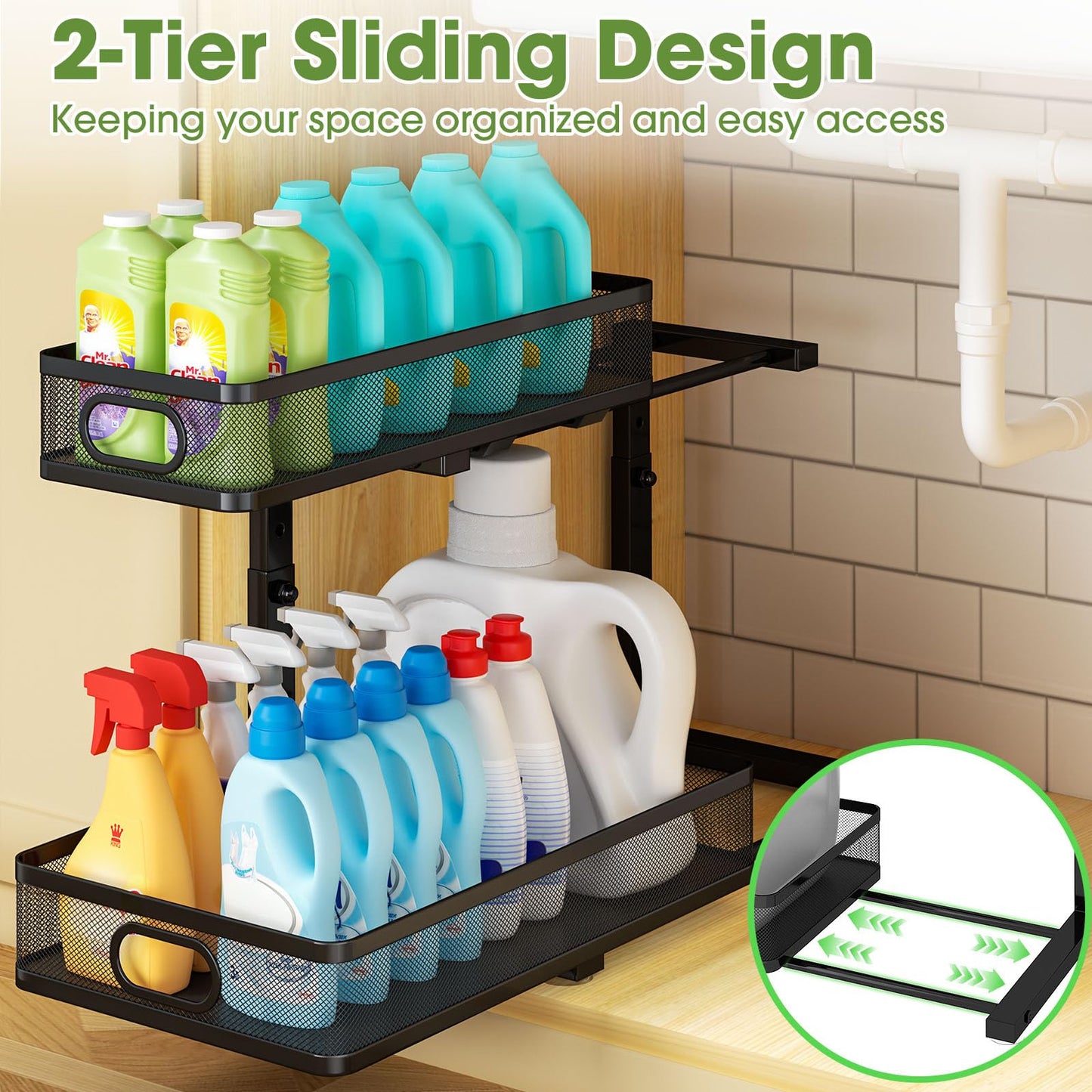 AURIKAR Under Sink Organizer 2-Pack, Metal 2-Tier Pull-Out Cabinet Shelf with Slide-Out Mesh Drawers, Height Adjustable, Space-Saving Under Sink Storage Racks for Kitchen, Bathroom, Laundry Room