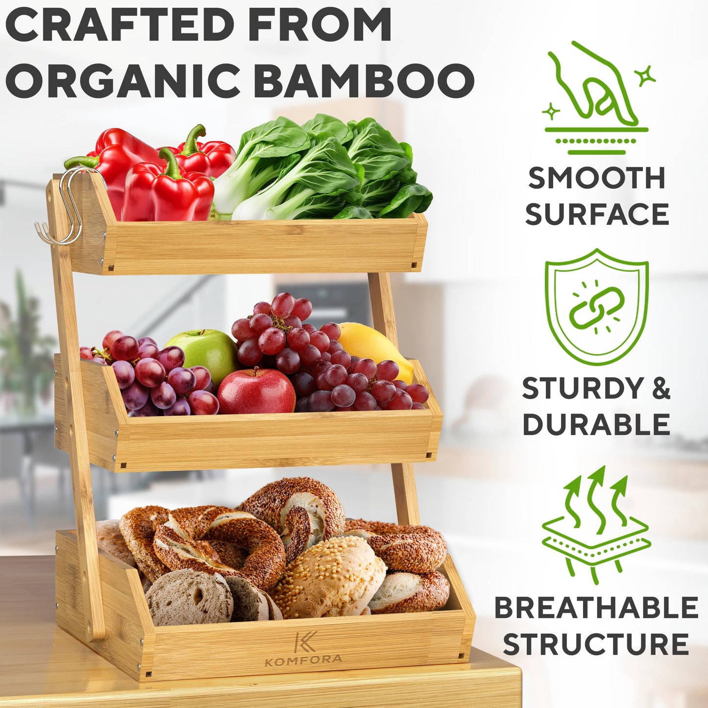 KOMFORA Bamboo Fruit Basket 3-Tier - Premium Produce Basket for Kitchen w/ 2 Hangers - Durable & Easy to Assemble Stand for Countertop - Perfect Holder for Vegetables, Bread, Snacks & More