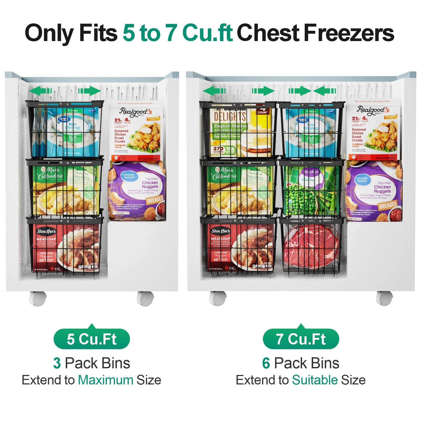 GSlife Freezer Organizer Bins - 3 Pack Large Deep Freezer Organizer Bins Expand to Fit 5 to 7 Cu.ft Chest Freezer, Stackable Wire Storage Bins with Handles Easy Access, Scratch Resistant, Black