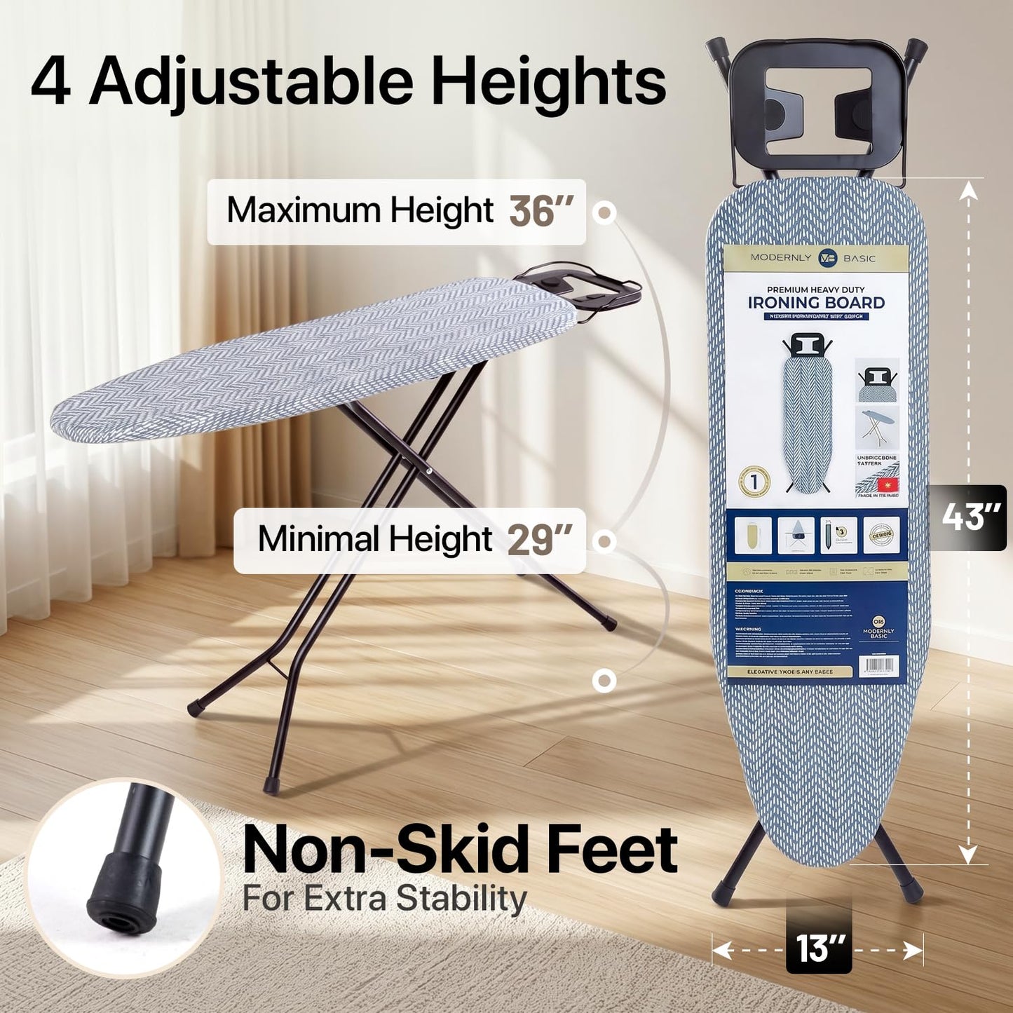 Modernly Basic Ironing Board Full Size | Heavy Duty Iron Board with Multi-Layer Cover Pad - Height Adjustable Iron Table, Safety Iron Rest, Ironing Boards for Laundry Room or Dorm Use (43x13)