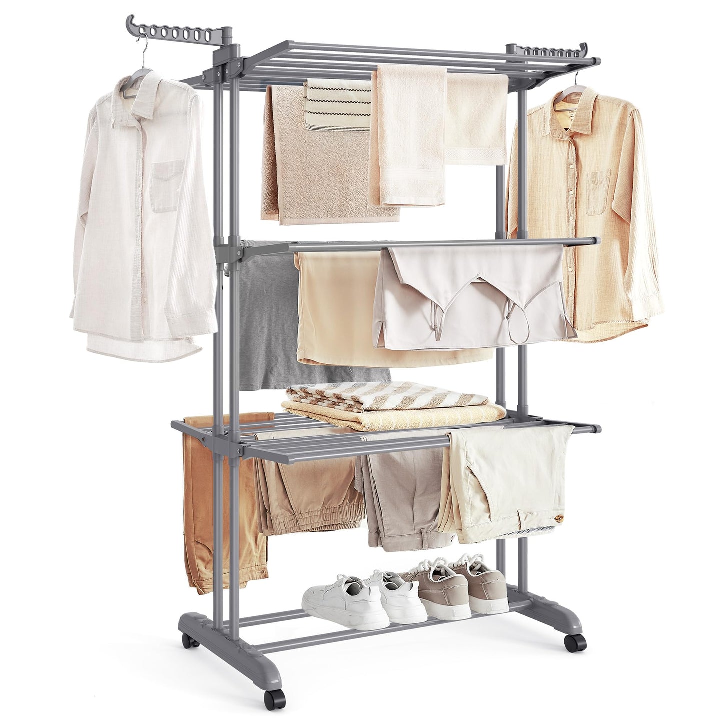SONGMICS Clothes Drying Rack Stand 4-Tier, Foldable Laundry Drying Rack 68.1-Inch Tall, Steel, Rolling Clothes Horses Dryer Rack, Easy to Assemble, Indoor Outdoor Use, Dove Gray ULLR701G01