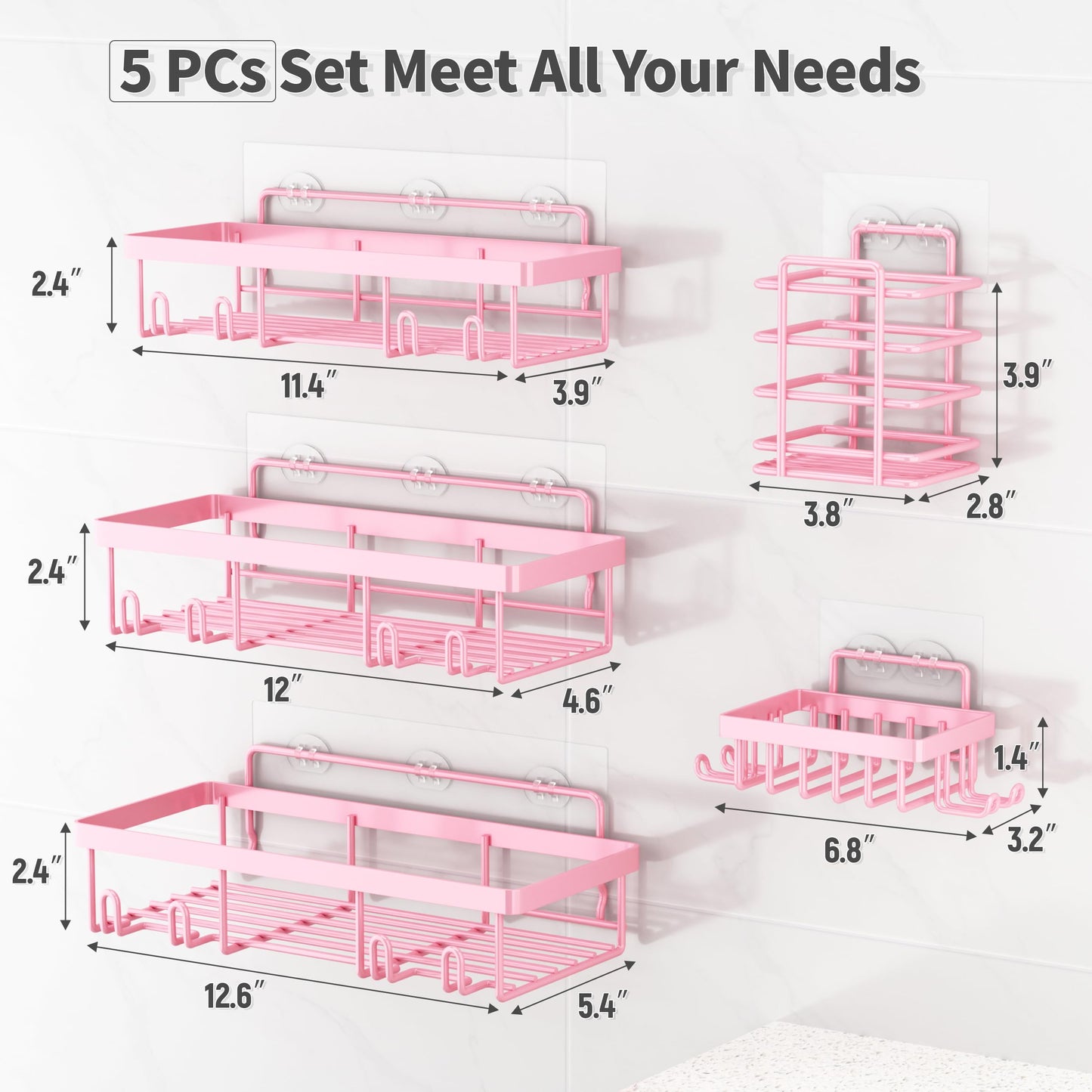 Liuoud 5 Pack Shower Caddy Organizer Rack Shelf for Inside Shower, Adhesive Bathroom Wall Storage Basket Rustproof Stainless Steel Shampoo Holder, Girly Bathroom Accessory Decor Set, Pink