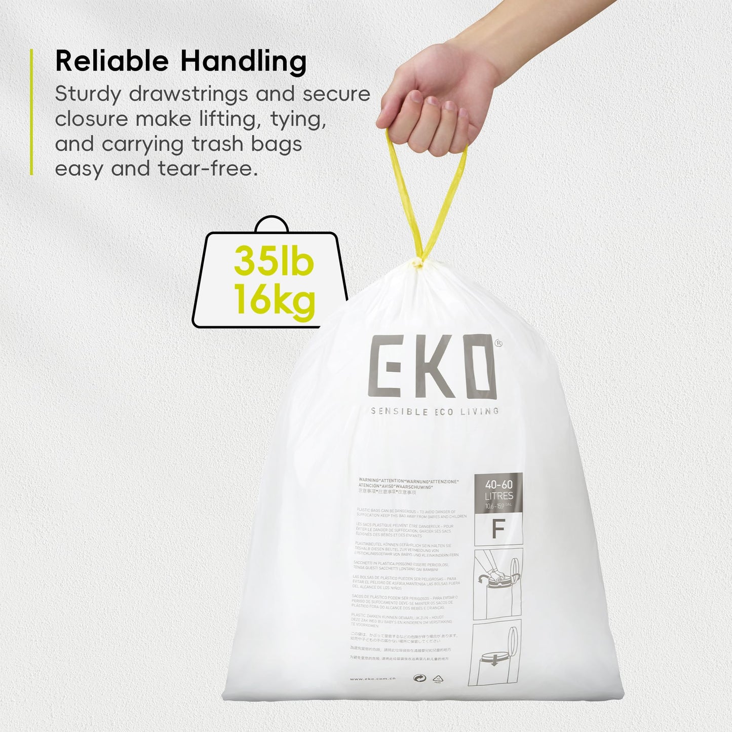 EKO 13 Gallon / 40-60 Liter,110 Count Drawstring Trash Bags, Extra-Strong Unscented Garbage Bags, Easy-Dispense Roll for Kitchen & Household Use, Resists Tears, Leaks and Punctures, Code F, White