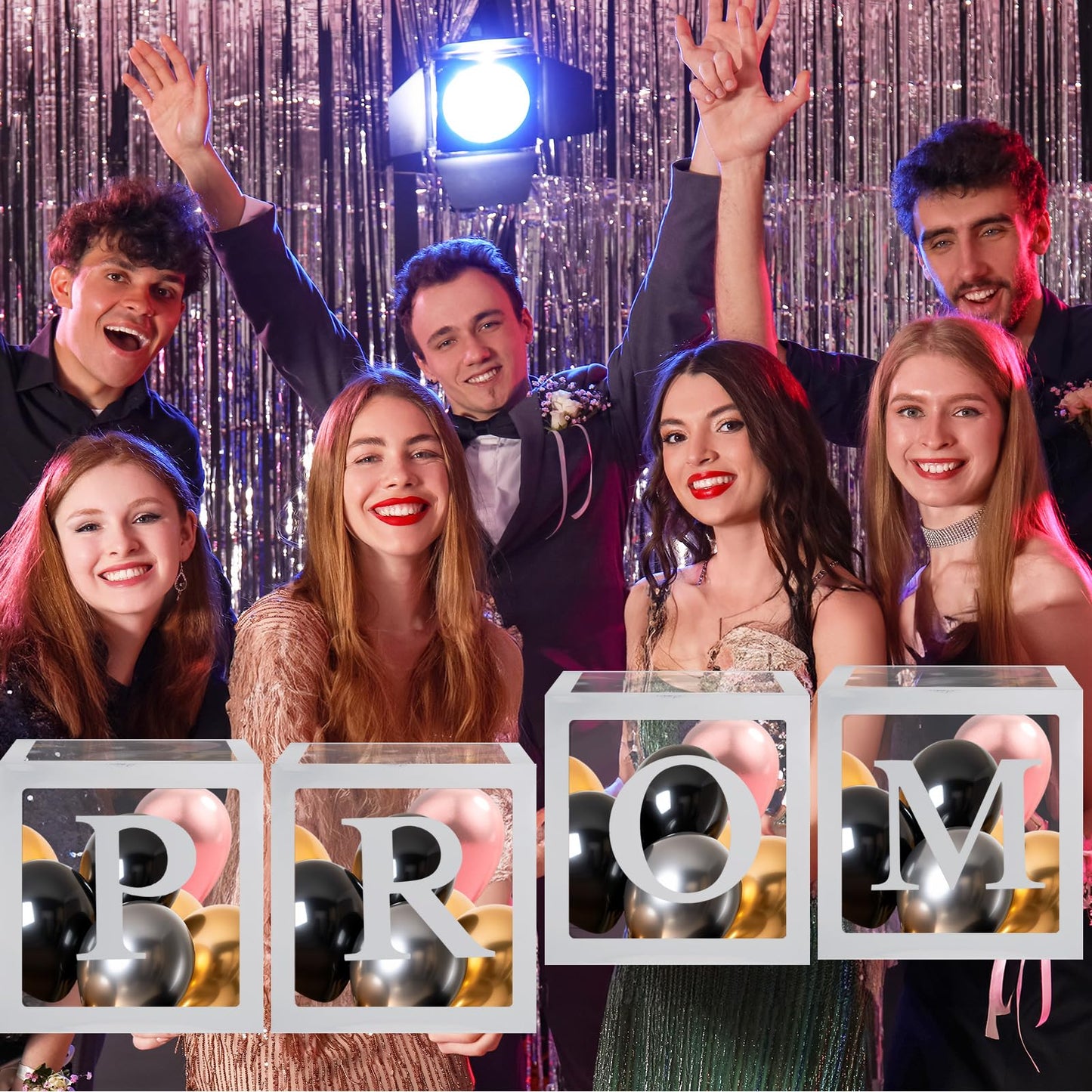 Trandraft 4 Pcs Prom Boxes with Letters 11.8 x 11.8 x 11.8 Inch Clear Balloon Boxes Transparent High School College Graduation Party Favors Supplies(Prom,Silver)