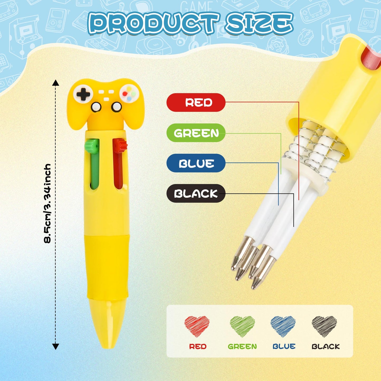 LiYiQ 100 Pcs Video Game Colorful Multicolor Pen in One Cartoon Cute Fun 4-in-1 Cute Pens Bulk Kawaii Game Handle Level Up Games Console Shape Cool Ballpoint Pens for Kids Fun Gifts