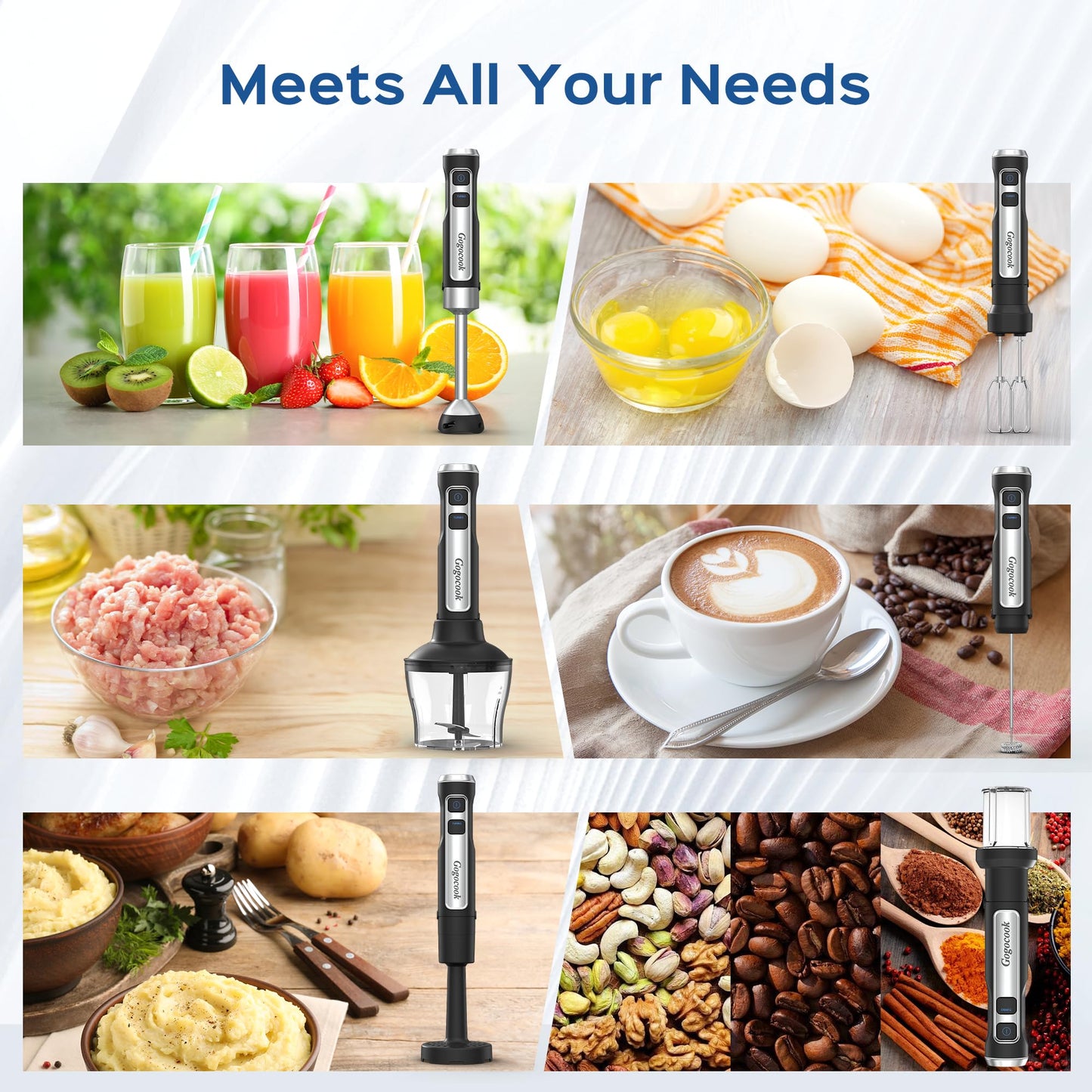 Immersion Blender Handheld 8 in 1 Hand Blender, Electric Blender Max 1000W Immersion Blender with 21 Speed & Turbo Mode, 21 Speed & Turbo Mode, Beaker Chopper Milk Frother Frother Grinder
