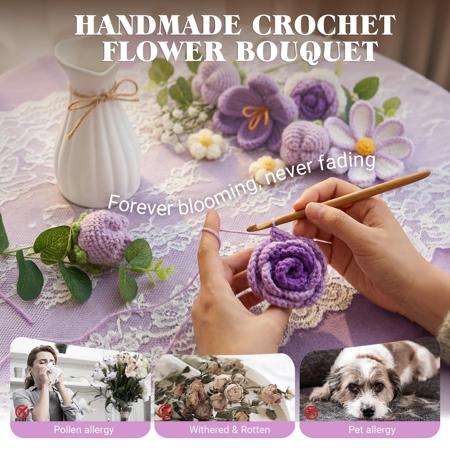 Crochet Flower Bouquet, Purple Handmade Knitted Flowers with Lights & Vase Crochet Tulips Galsang Liliy Rose Daisy Flower for Mothers Day Graduation Wedding Lover Teacher Anniversary Birthday Gift