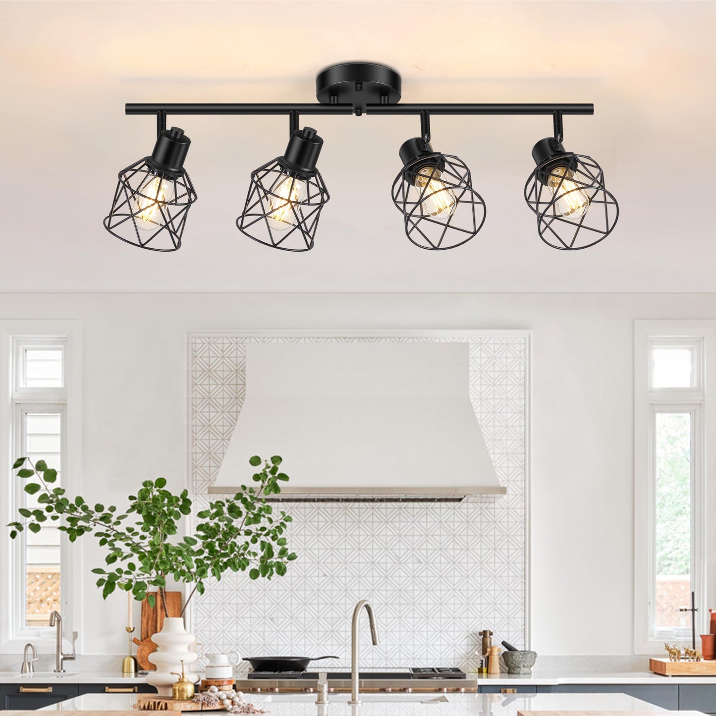 Baocuz 4-Lights Semi Flush Mount Ceiling Light, Adjustable Multi-Directional Light Fixtures, Rotatable Farmhouse Light Fixtures Mount with Metal Cage for Dining Room, Living Room
