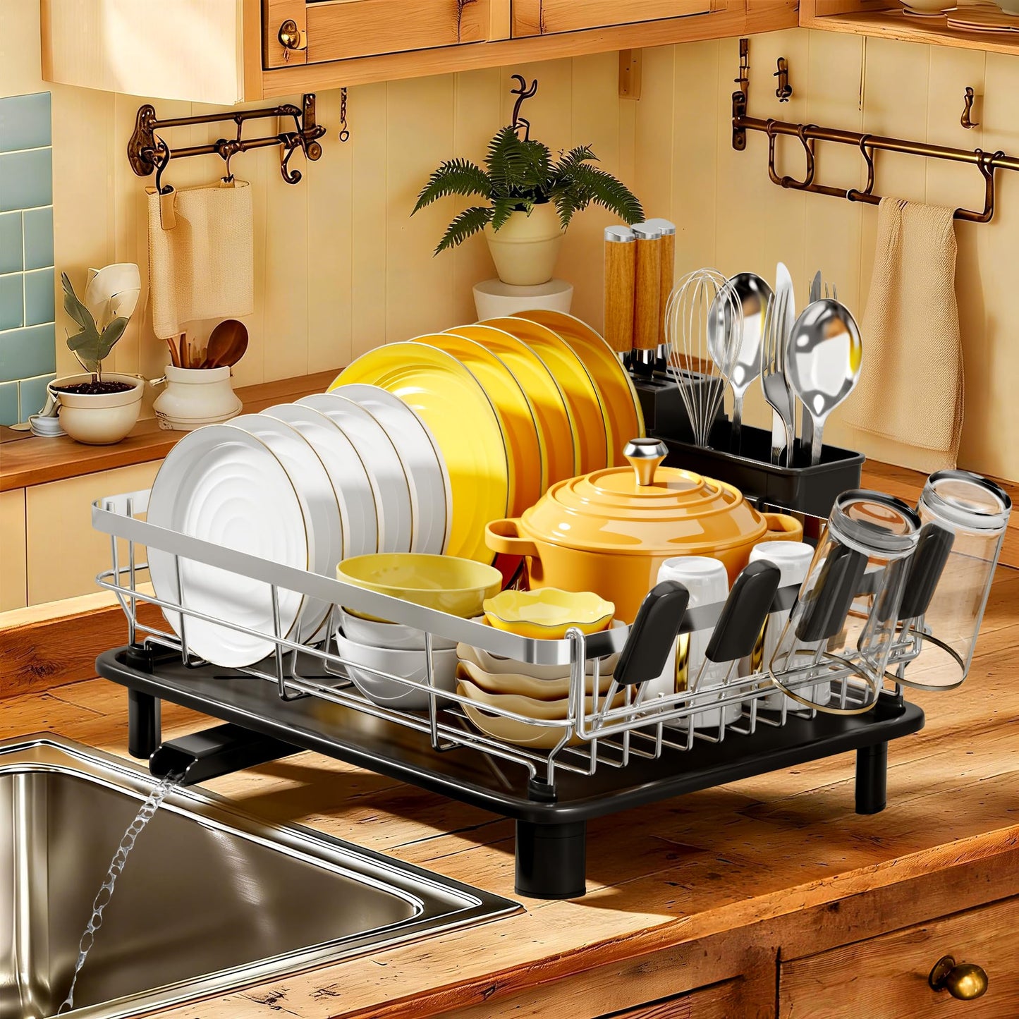 MOUKABAL Dish Drying Rack, Dish Rack, Stainless Steel Dish Racks for Kitchen Counter, Dish Drainer with Removable Utensil Holder, Drainboard (Black,Stainless Steel,13''W x 17''L)