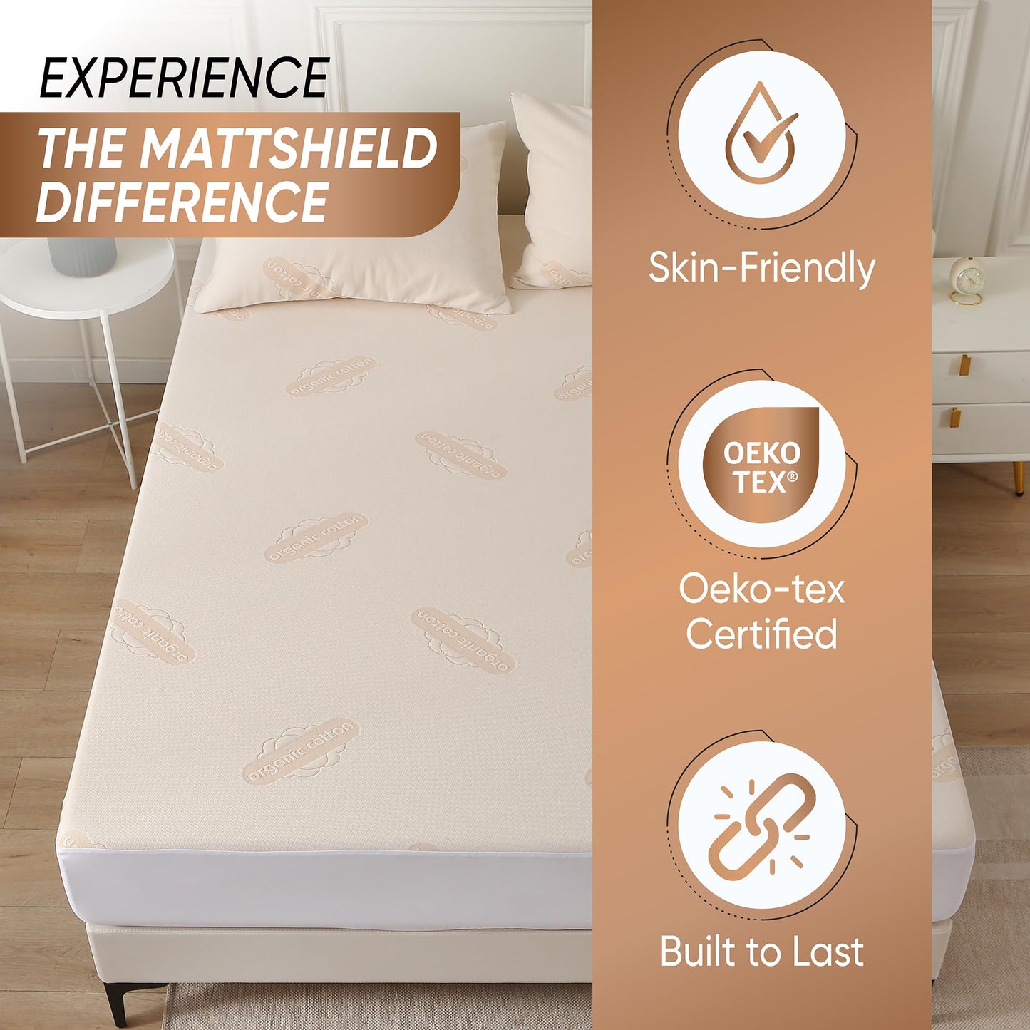 Waterproof Organic Mattress Protector Queen Size – Premium Soft Organic Cotton Surface Mattress Cover – Noiseless & Breathable 250 GSM Mattress Pad – Deep Pocket Fitted Design