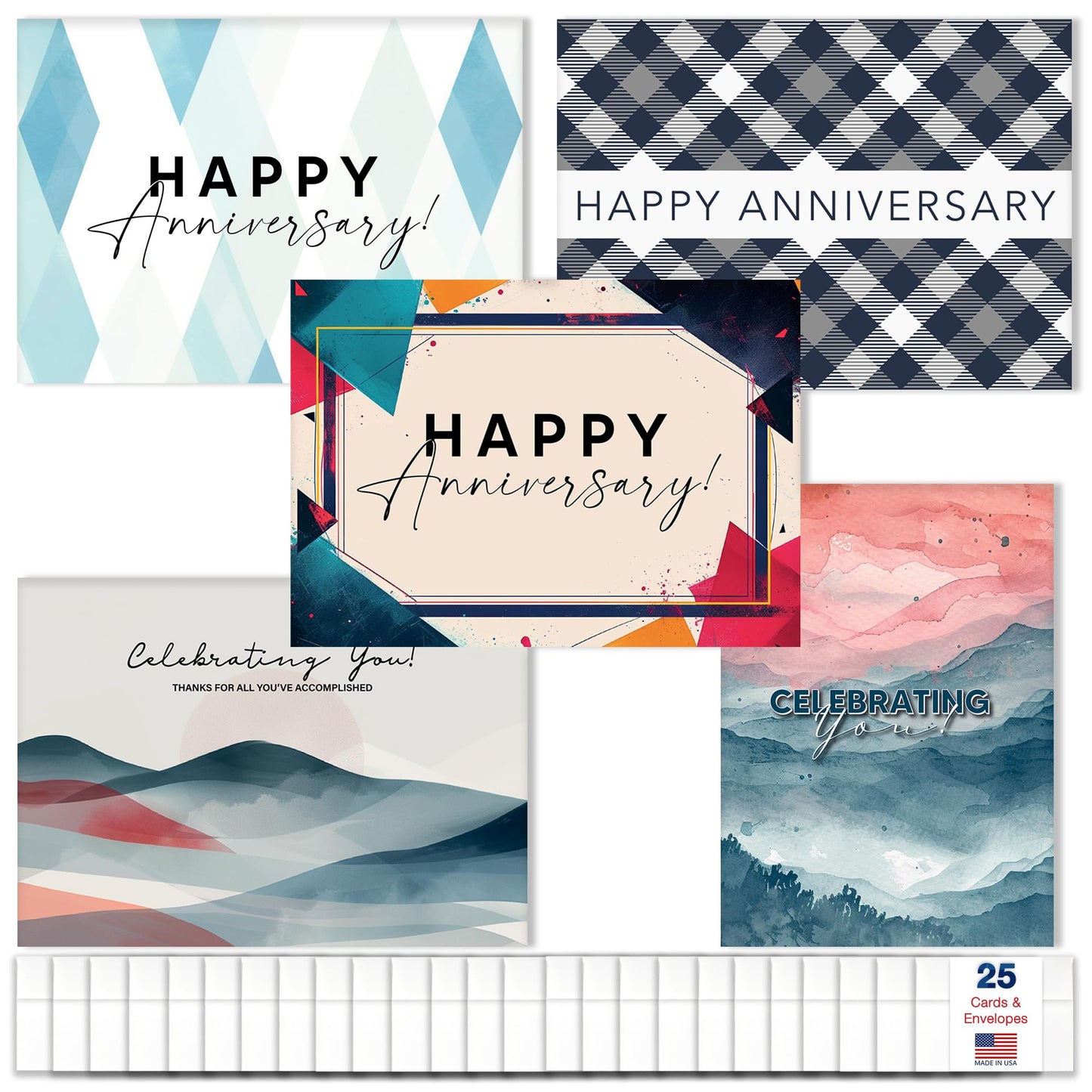 Work Anniversary Cards with Envelopes for Employees (25 Variety Assortment Pack – 5 Designs) Bulk Appreciation Greeting Card Set for Business - 5x7 Inch – Office, Work, Coworkers & Team (VP2413)