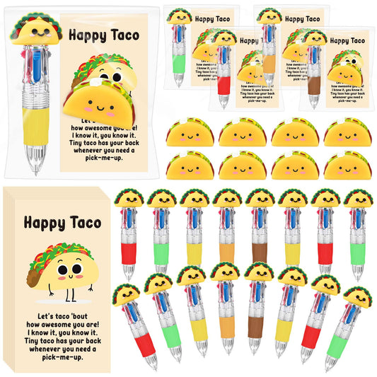 TaoBary 36 Sets End of Year Gifts for Student Mexican Taco Party Favor Motivational Gift Bulk with 4-in-1 Multicolor Pen Taco Mini Stress Balls Inspirational Card OPP Bag for Fiesta Office Desk Supply
