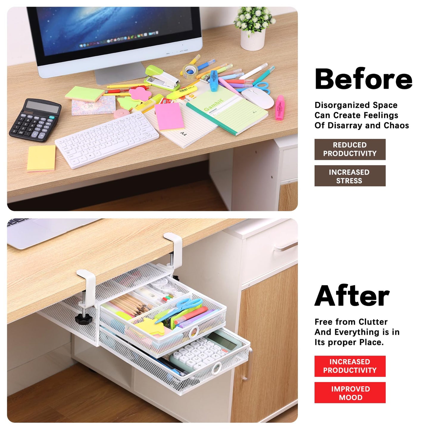 Euyona 2-Tier Clamp-On Mesh Organizer, Under Desk Storage with Slide-Out Tray, No Drilling Tool-Free Installation, Durable Rust-Resistant Metal, Large-Capacity Organizer.