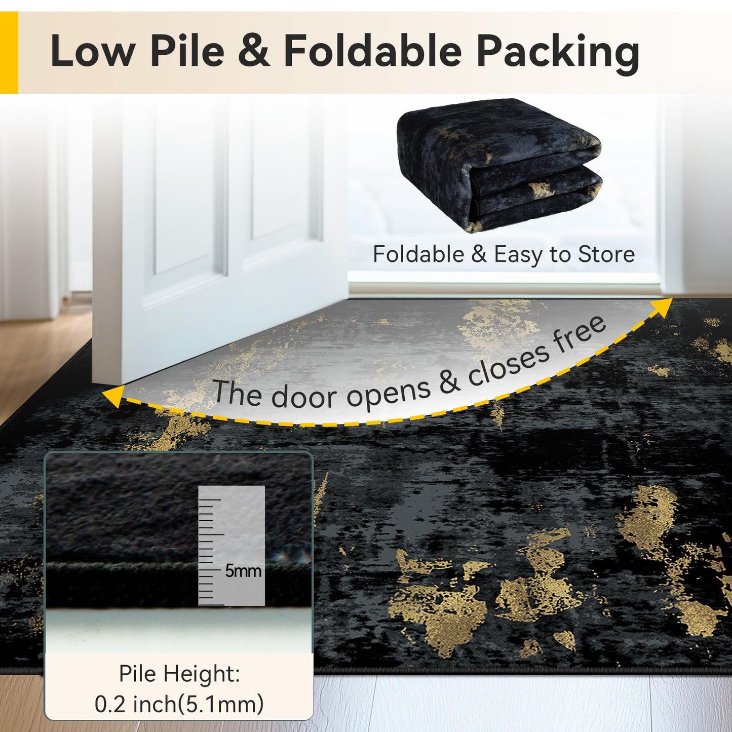 RELEANY Washable Area Rugs 5'x7' Non-Slip Modern Abstract Soft for Living Room Entryway Bedroom Nursery, Print Pattern, Dark Black Gold
