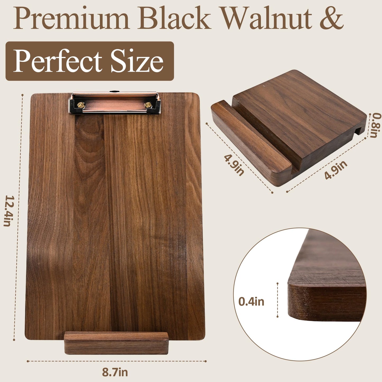 Clipboard Walnut Wood, Letter Size Clip Board with Stand, 1.54Lbs, 12.6 x 8.7 in Idea for Menu and Memos Display, Office Supplies School Classroom Homeschool Essentials Teacher Gifts Self-Service