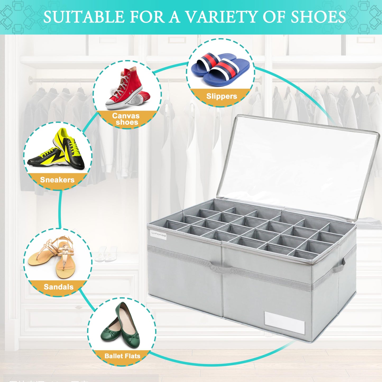 LUVHOMEE Shoe Organizer for Closet, Fits 24 Pairs, Large Shoe Box Storage Containers, Clear Foldable Shoe Storage Bins w/Bottom Support, Space Saving Closet Shoes Holder w/Reinforced Handles, Gray