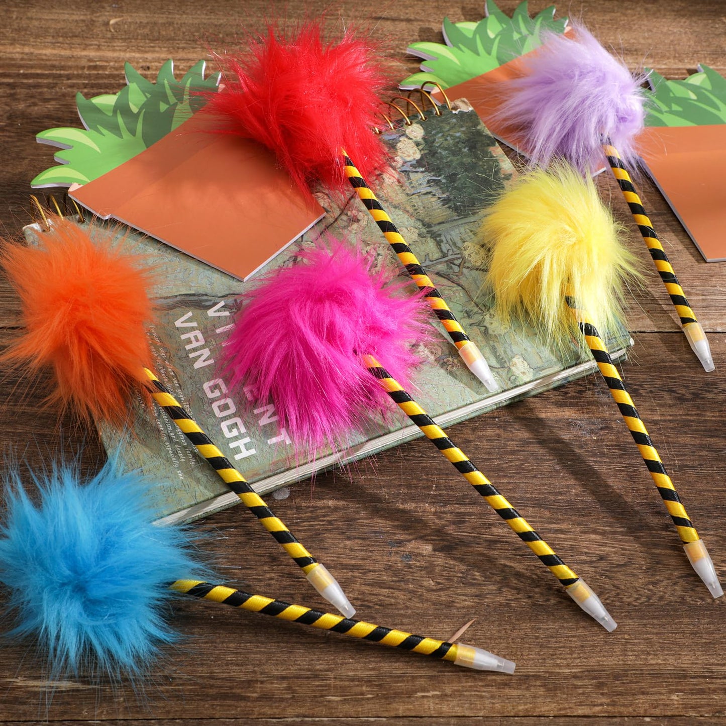 Sayglossy 24 Pcs Fluffy Fuzzy Pens and Flower Pot Notebooks, Colorful Pompom Pens Novelty Cute Notepad Gift Set for Birthday Party Favors Office Supplies