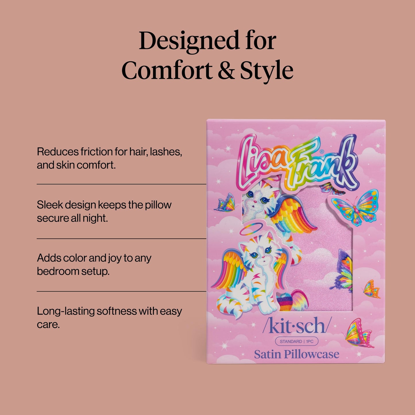 Lisa Frank x Kitsch Satin Pillowcase with Zipper for Hair & Skin - Softer Than Silk Pillow Cases, Smooth Cooling Satin Pillow Case, Wrinkle-Free Pillow Cases Standard Size (19x26) - Angel Kitty
