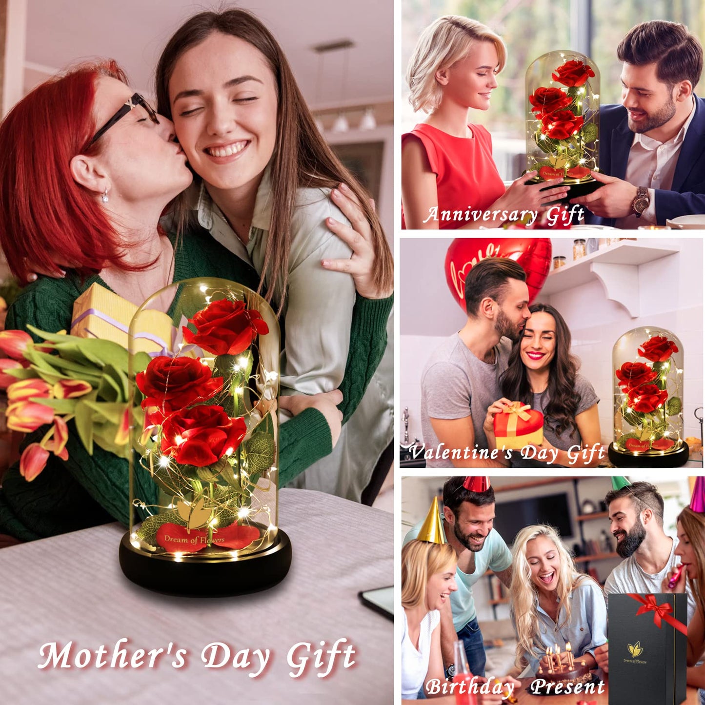 Women Gift Idea Birthday,Unique Gifts for Mom,Beauty and The Beast Rose in Glass Dome With 2 Lights Mode, Birthday Gifts for girlfriend,Wife，Anniversary Red Silk Rose Flower Gifts for Women