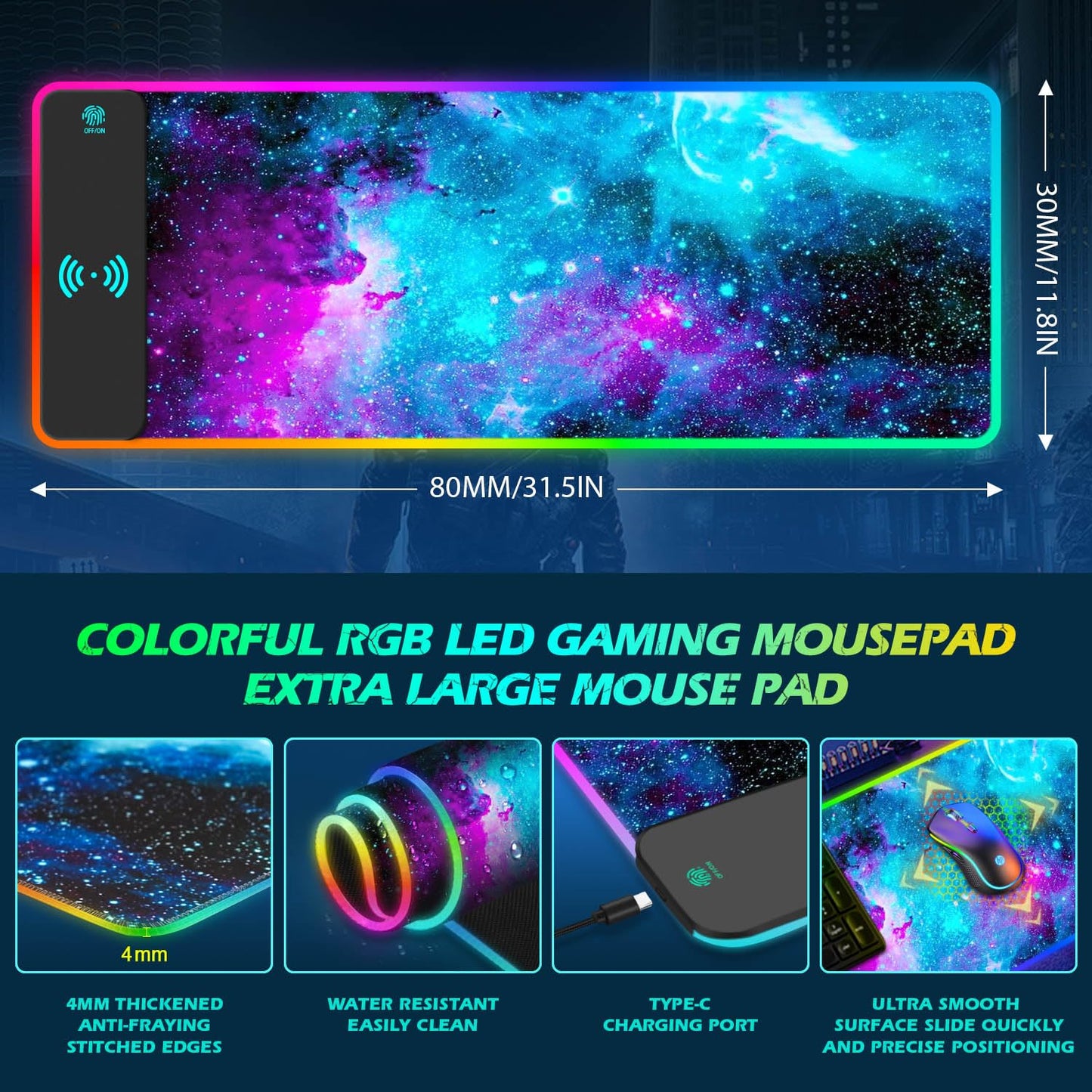 ToLuLu RGB Gaming Wireless Charging Mouse Pad, 5/7.5/10/15W 10 Light Modes LED Mouse Pad Computer Keyboard Mat Mousepad, 800x300x4MM Extended Large Desk Mat for Gaming, MacBook, Laptop, PC, Galaxy