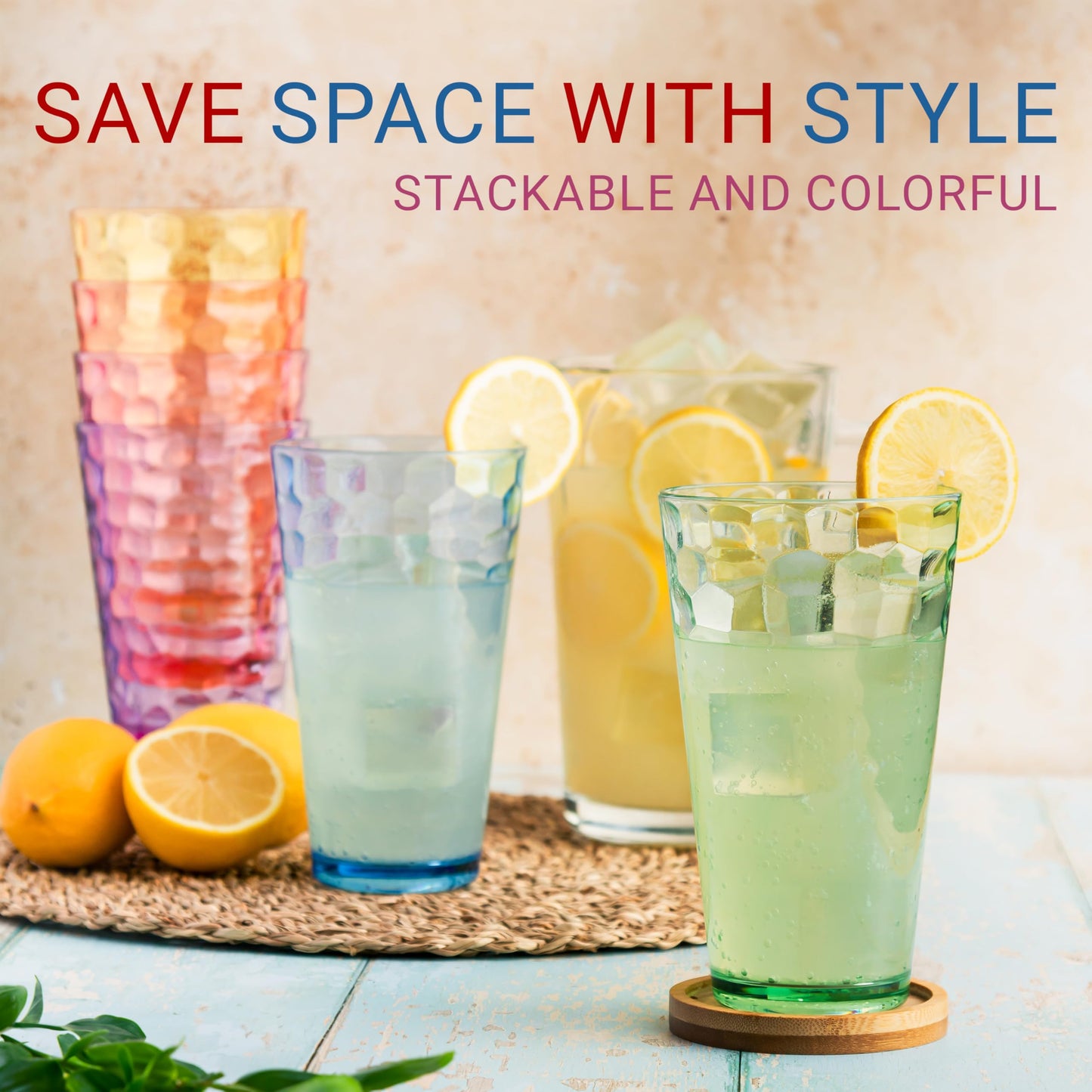 Bravario Hammered Plastic Drinking Tumbler, Dishwasher-Safe Premium Quality Water Glasses, BPA-Free Reusable Mixed Colors Assorted Stackable Cups, 22 oz Set of 12