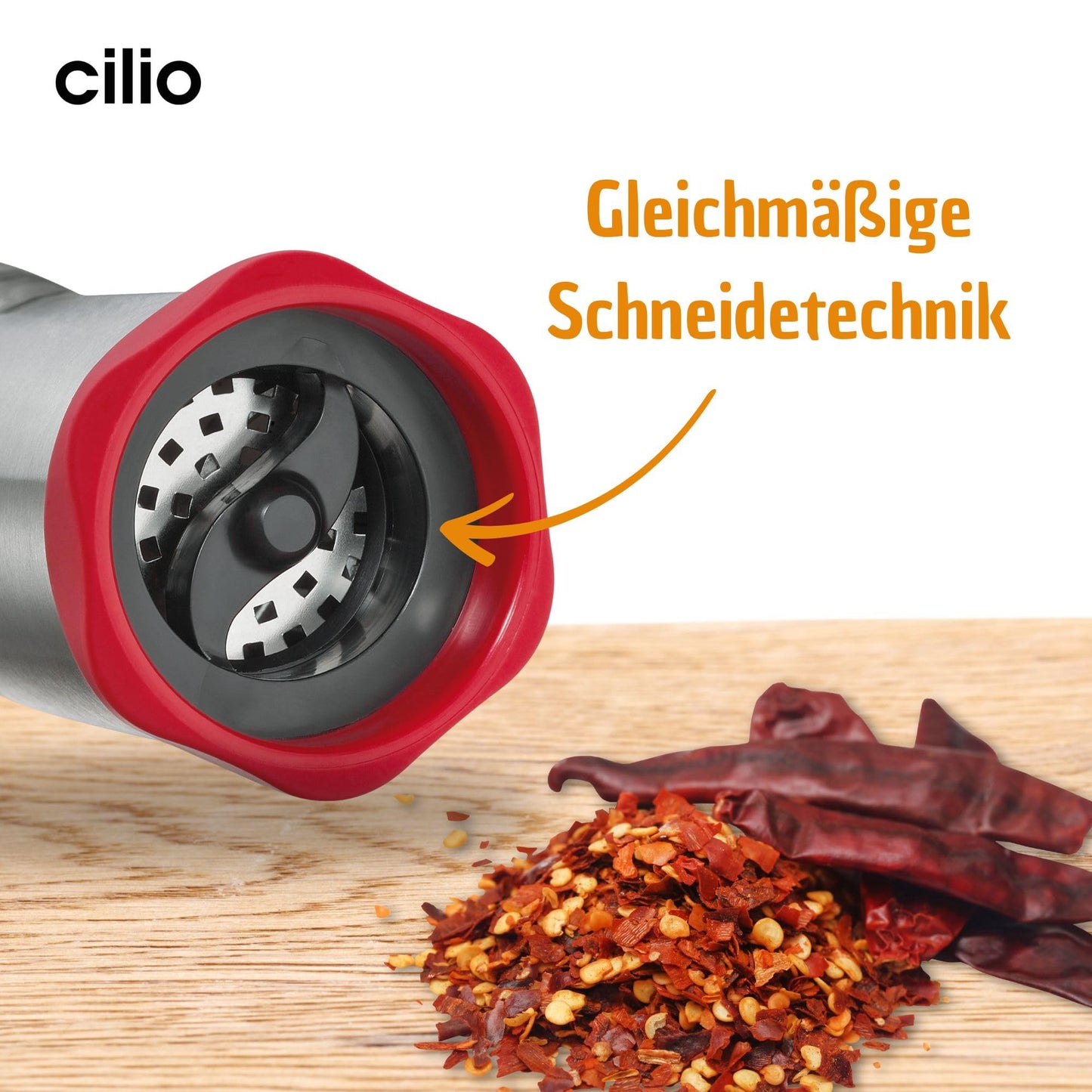 Cilio Piccante Premium Chili Pepper Mill, 2.75"D x 7" H, Stainless Steel/Glass