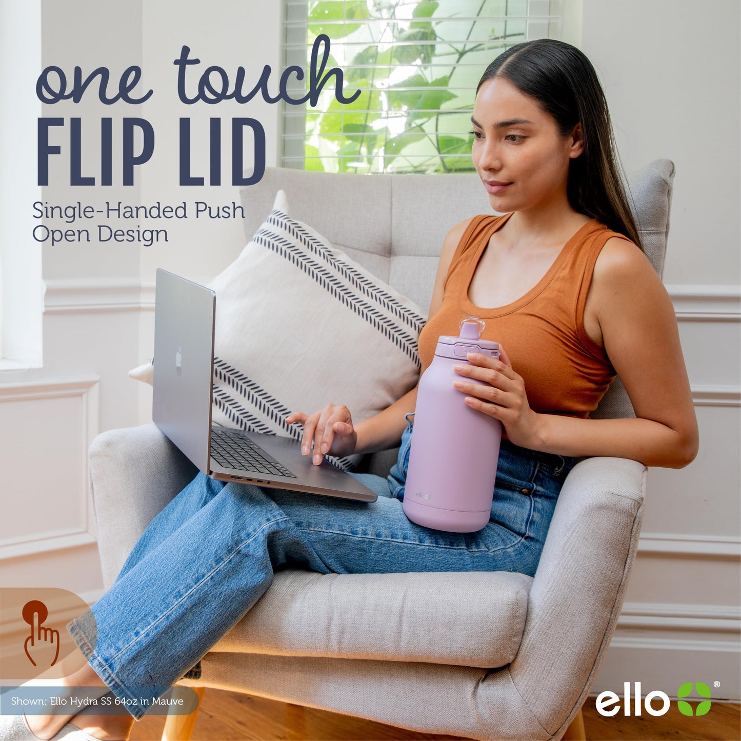 Ello Hydra 64oz Stainless Steel Water Jug with Locking Leak Proof Lid | Reusable Half Gallon Vacuum Insulated Metal Bottle with Silicone Straw, Keeps Drinks Cold All Day, Gift Ready, Olive Tree