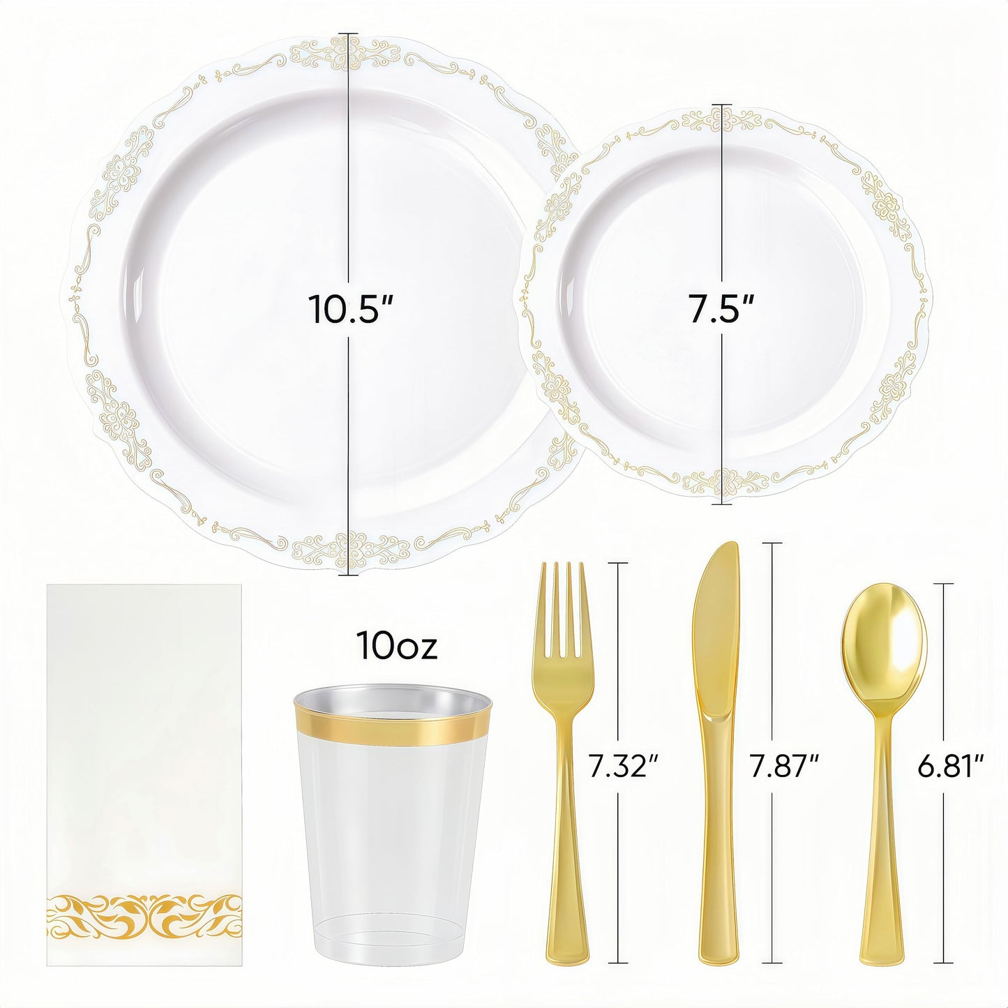 Fijinhom 350 PCS White and Gold Disposable Plates, Elegant Dinnerware Set for 50 Guests, 100 Plastic Plates, 150 Silverware, 50 Cups & 50 Paper Napkins, White and Gold
