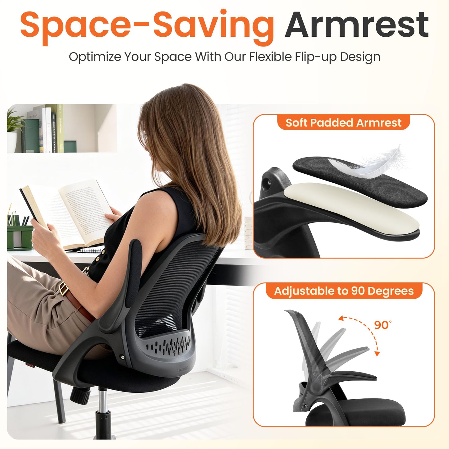 NEO CHAIR Office Chair Gaming Desk Computer Mesh Ergonomic Chair with Flip-up Arms Comfy Lumbar Support Adjustable Height Rolling Wheels Chair for Home Office (All Black)