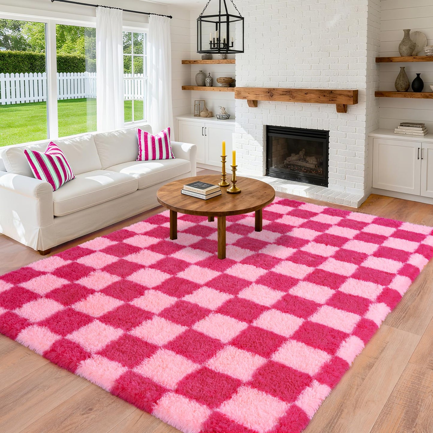 Pionblank Fluffy Area Rug for Bedroom 5x7, Modern Indoor Shag Carpet, Soft Plush Non Slip Checkered Rugs for Living Room Kids Room Home Decor, Hot Pink