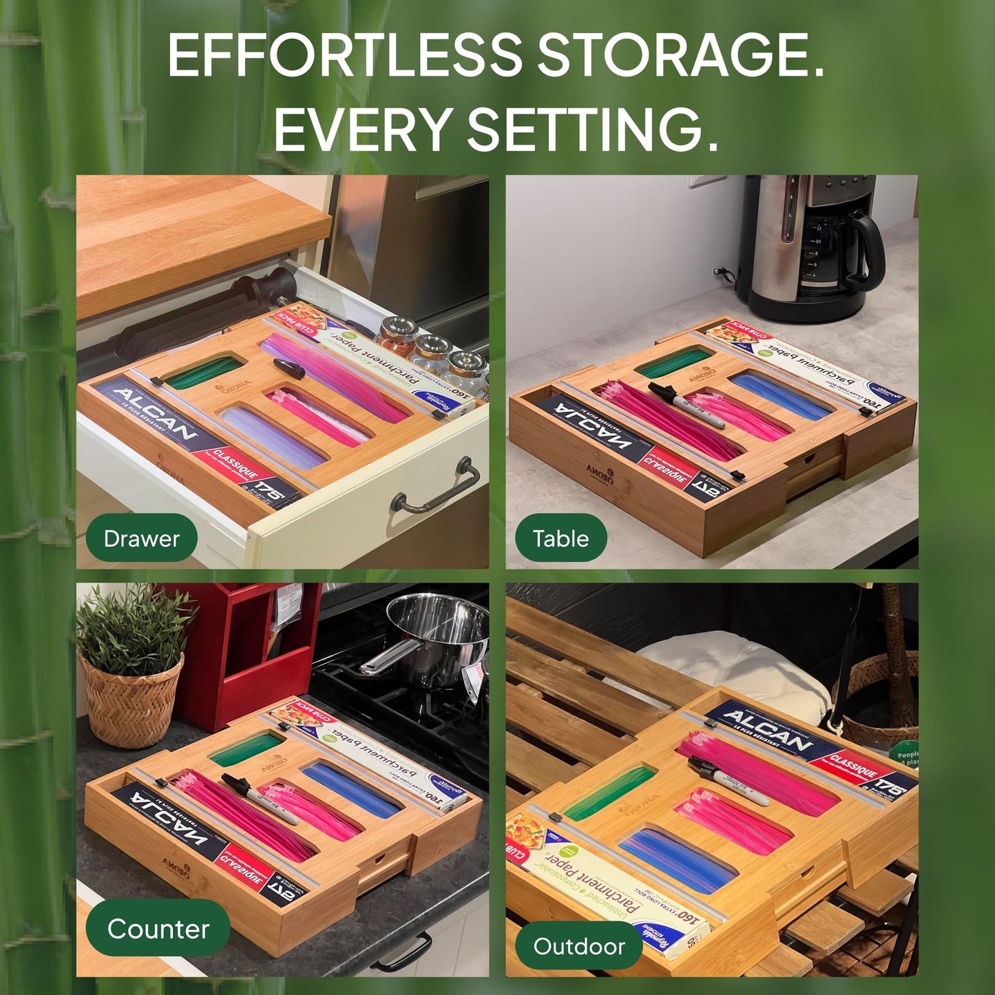 Ordna 6 IN 1 Bamboo Baggie Organizer for Drawer with Labels, Expandable Storage Bag Organizer with Aluminum Foil and Saran Wrap Cutter Compatible with Quart, Gallon, Sandwich and Snack Size Bags