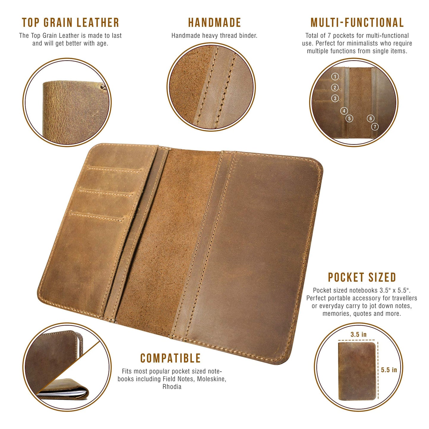 Jack's Point Leather Field Notes Cover for Memo - Pocket Sized Notebook, fits 3.5” x 5.5” Notebooks, Hand Stitched Brown Real Top Grain Leather, Multiple Pockets for Extra Functionality