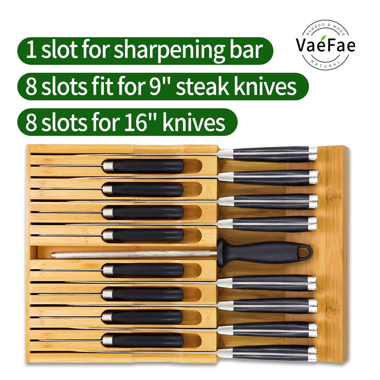 VaeFae In-Drawer Knife Block,Bamboo Knife Drawer Organizer Insert, Kitchen Knife Drawer Storage for 16 Knives PLUS a Slot for your Knife Sharpener (Without Knives)