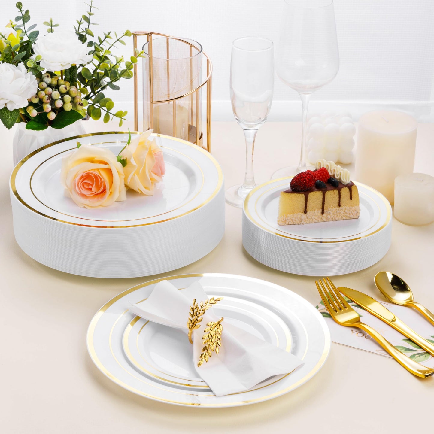 BESTSTAR 100PCS White Plastic Plates for Party, 10.25 Inch Disposable Plates with Gold Rim, Heavy Duty Dinner Plates for Party, Wedding and Birthday