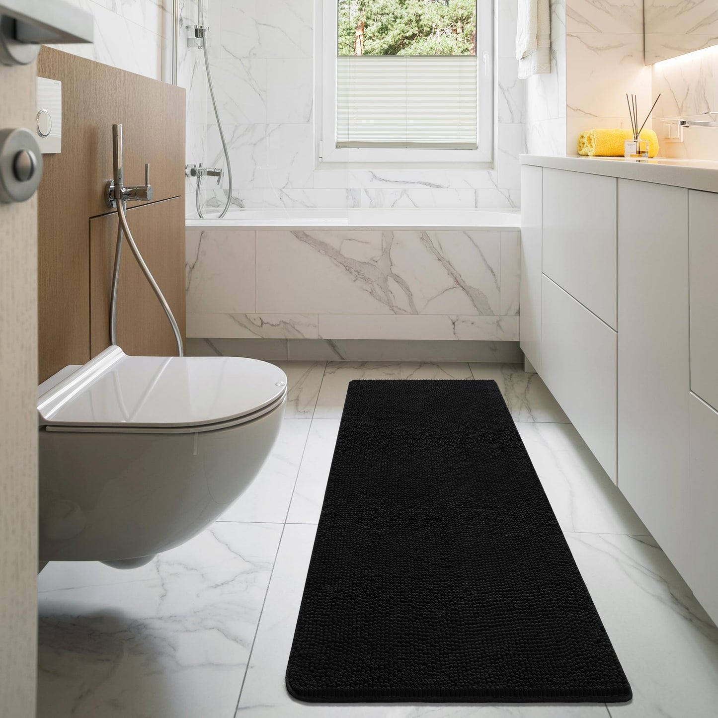 LOCHAS Luxury Bathroom Rug Shaggy Bath Mat 24 x 60 Inch, Washable Non Slip Bath Rugs for Bathroom Shower, Soft Plush Chenille Absorbent Carpets Mats, Black