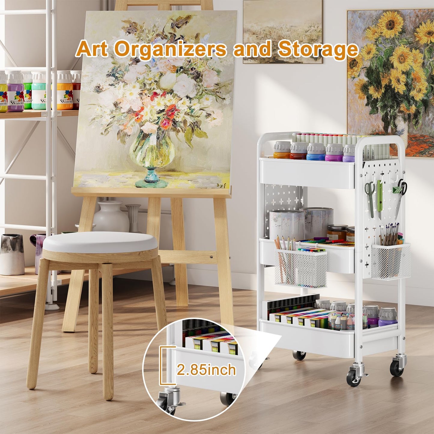 3 Tier Rolling Cart Metal with DIY Pegboard, White Rolling Cart on Wheels for Art Supply Organizer, Three Tiered Craft Organizers and Storage Cart, Utility Hobby Carts for Baby Diaper Caddy,Nail,Book