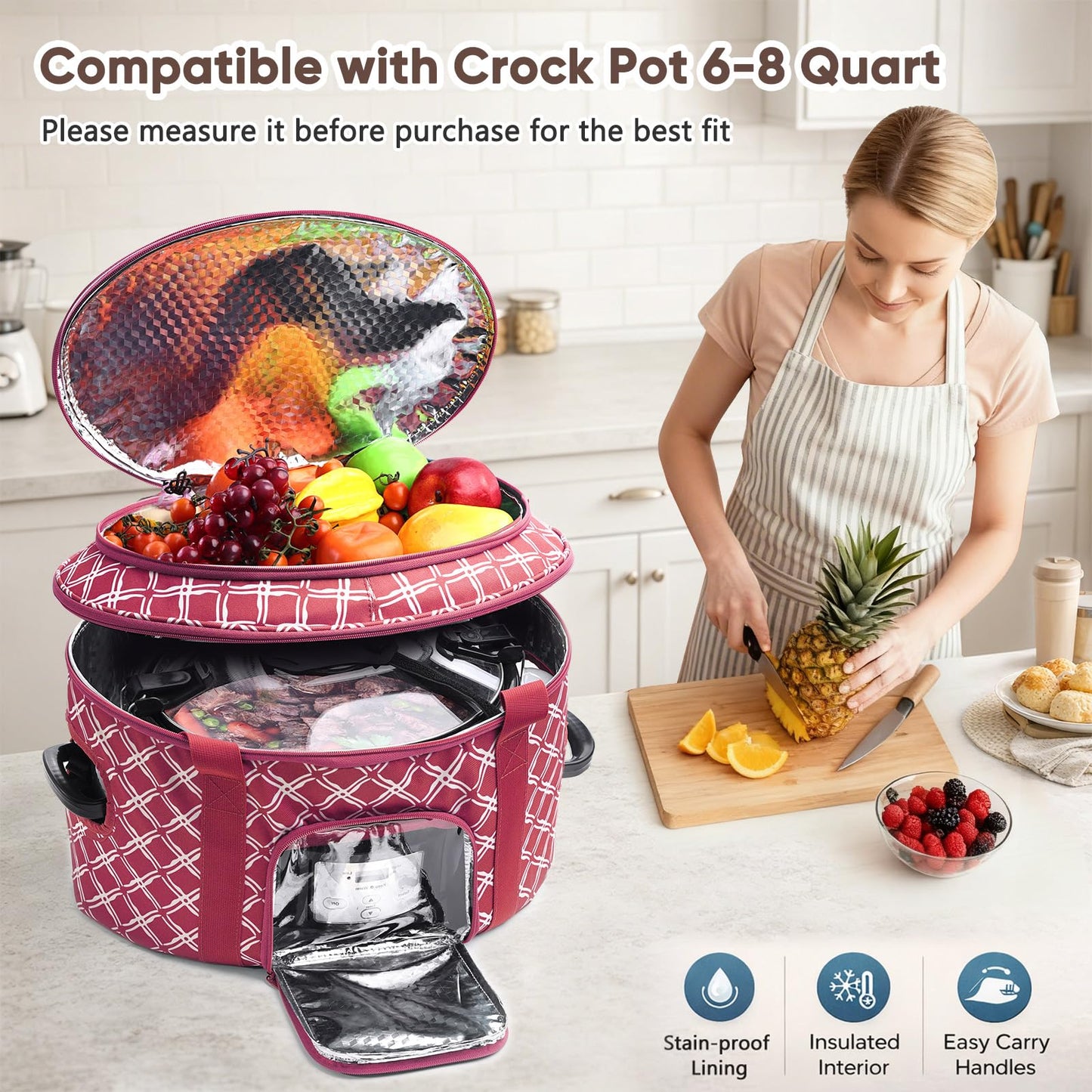 BAGSPRITE Double-layer Slow Cooker Carrying Case for Crock Pot 6-8 Quart, Insulated Crockpot Carrier with Adjustable Lid Straps,Portable Slow Cooker Travel Bag for Potluck, Parties, Family Gatherings