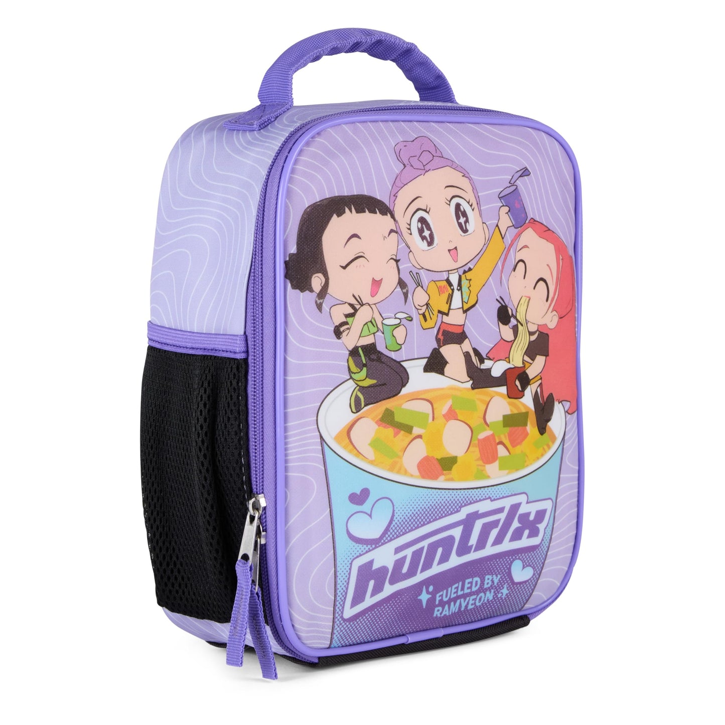 K-Pop Demon Hunters Huntrix Fueled by Ramyeon Lunch Box, Full Zip Around Insulated Lunch Tote Bag For Hot and Cold Food, Purple